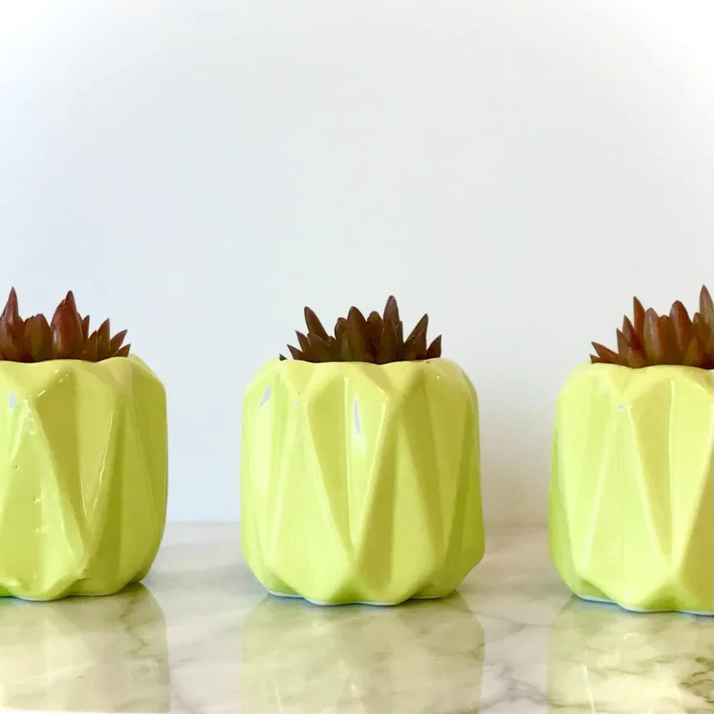 MCM Geometric Neon Lime Green Ceramic Succulent Pot Mid Century Modern Vase Geo - Picture 3 of 5